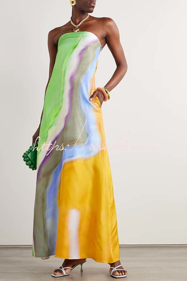 Artistic Rainbow Satin Watercolor Print Off Shoulder Pocketed H-line Maxi Dress