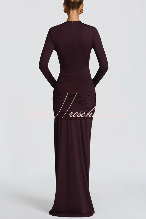 Sexy Cutout Fitted Long-sleeved Pleated Satin Ribbon Maxi Dresses