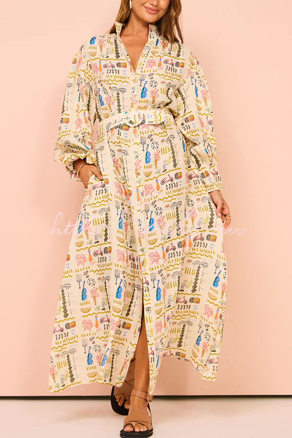 Country Cutie Unique Print Long Sleeve Belted Pocket Shirt Maxi Dress