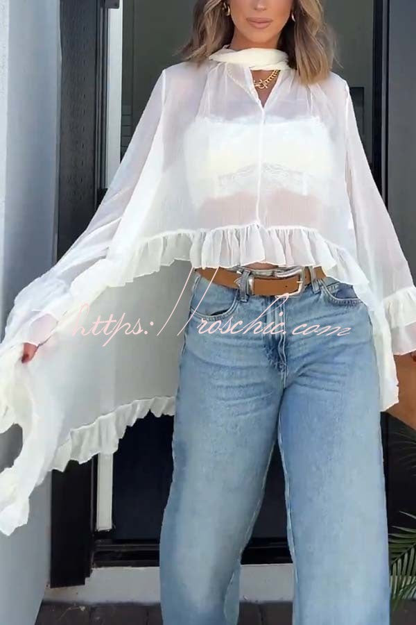 Flowy See-through Ruffle Tie-up Neck Bell Sleeve High-low Hem Cape Shirt