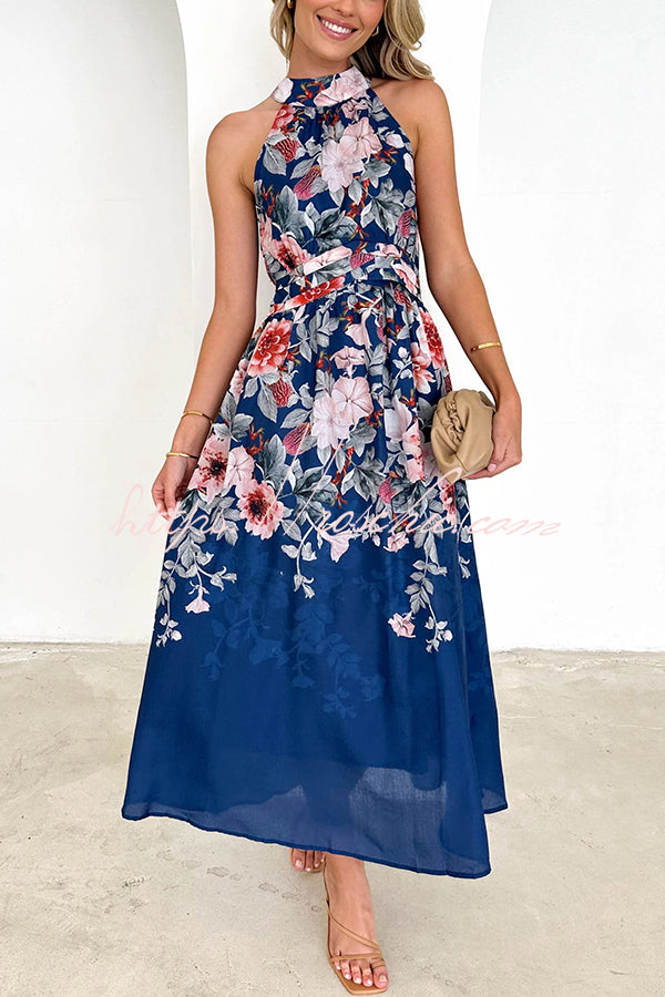 Floral Print Halterneck Tie Zip Smocked Maxi Dress