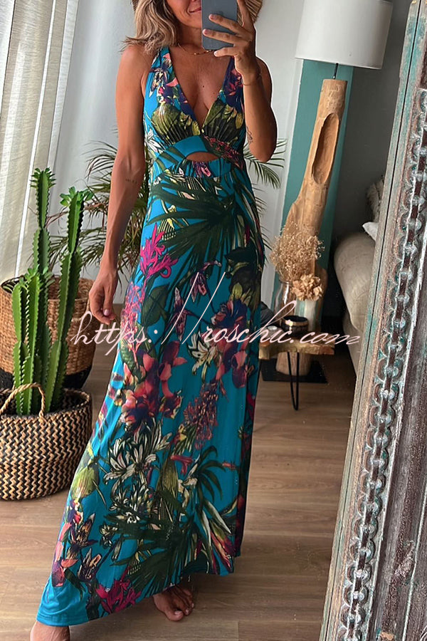 Rainforest Paradise Tropical Print Cutout Back Crossover Stretch Maxi Dress