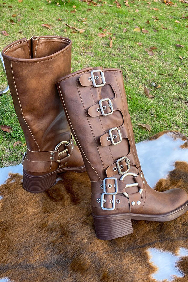 Vintage Belt Buckle Chunky Heeled Long Biker Boots