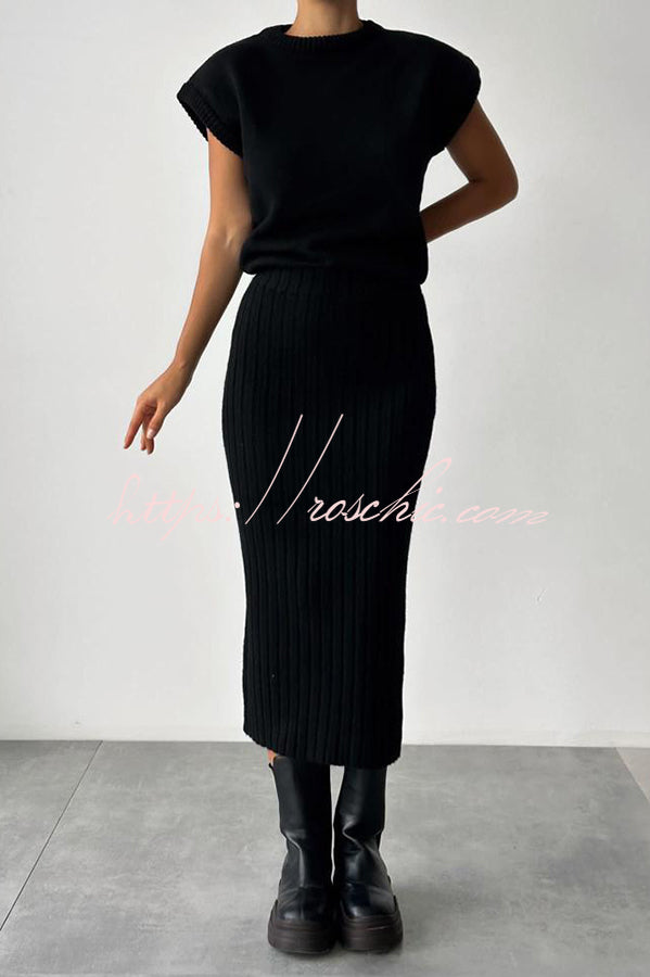 Triko Knit Short Sleeve Sweater and Stretch Ribbed Midi Skirt Set