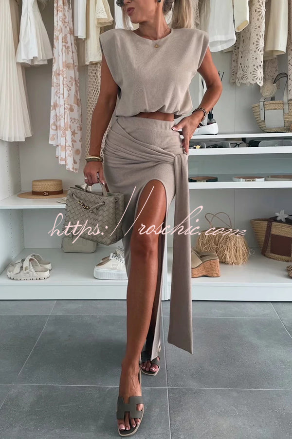 Comfortable Stylish Round Neck Sleeveless Casual Top and Elastic Waist Ruched Tie Slit Midi Skirt Set