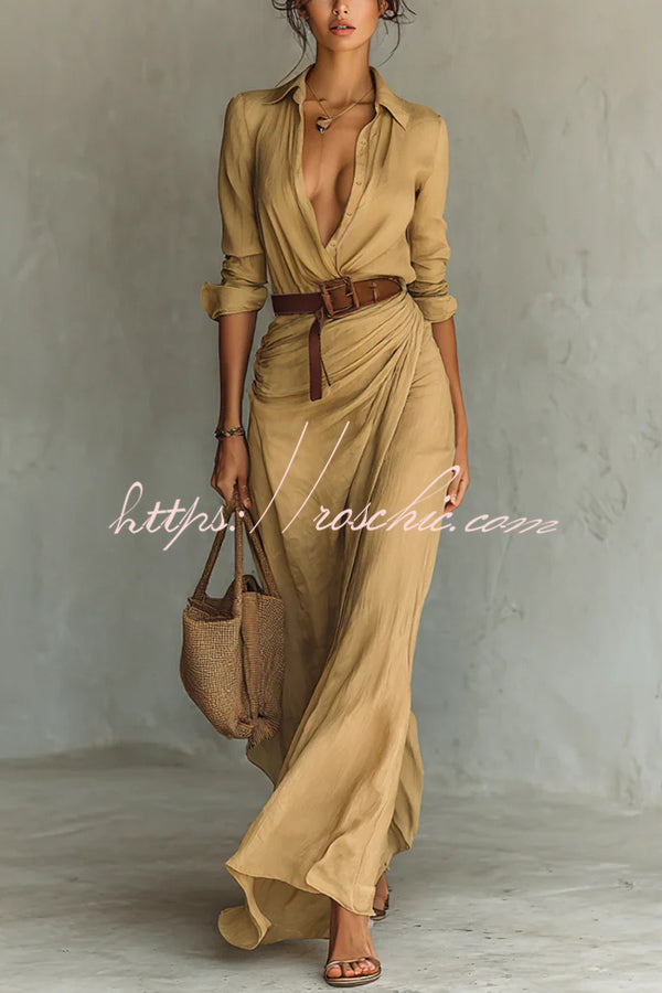 City Sleek Single Breasted Long Sleeve Warp Slit Shirt Maxi Dress