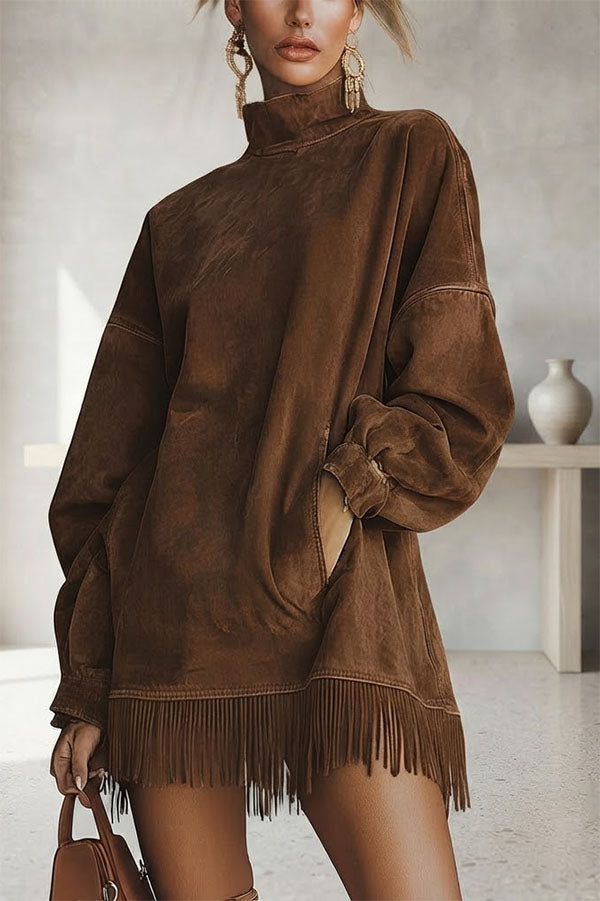 loose fitting mini dress Stylish Suede High-neck Long-sleeved Loose-fitting Pockets Tassel erp_id:306121 Color:Deep Forest Cocktail Attire for Men: perfect for everyday wear.