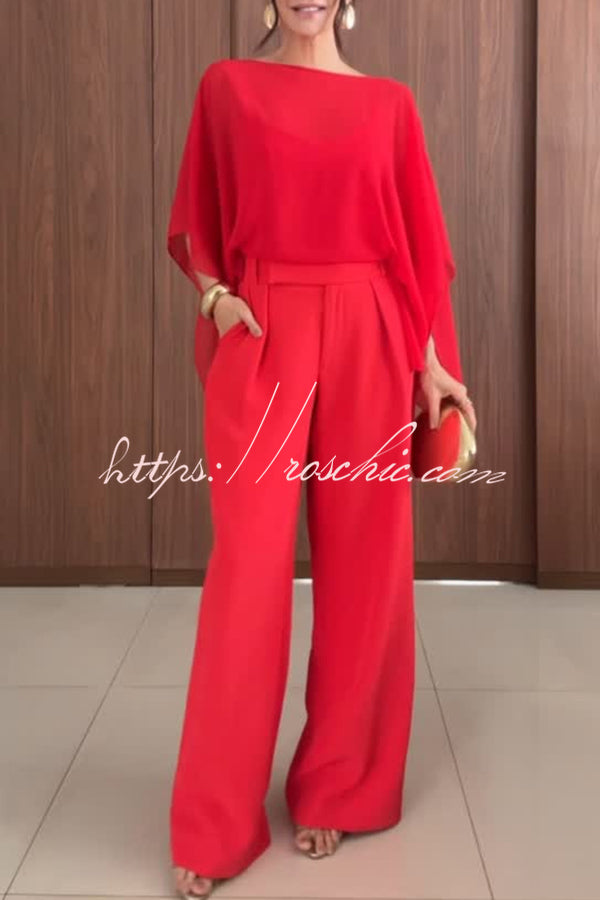 Vanie Chiffon Cape Batwing Sleeve Top and High Waist Pocket Wide Leg Pants Set
