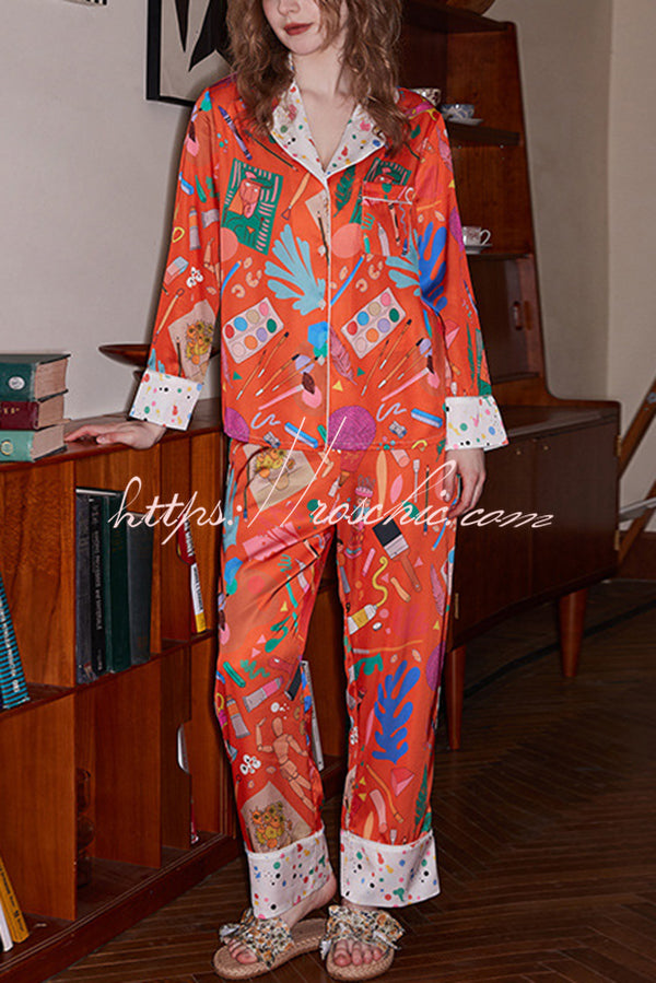 Orange Stationery Printed Home Long Sleeved Two-piece Set