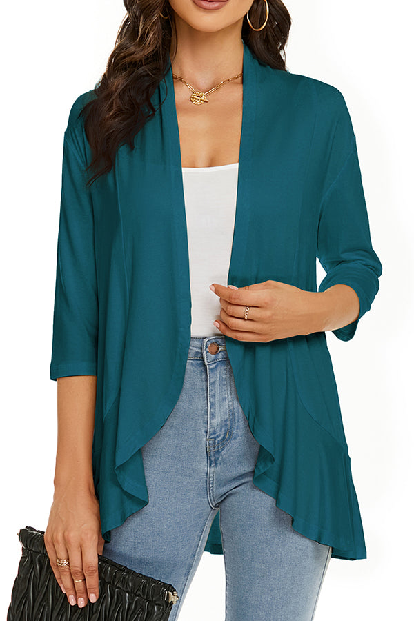 Solid Color Casual Three-quarter Sleeve Ruffled Loose Cardigan