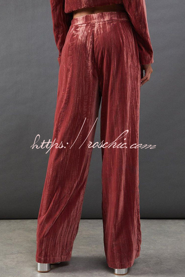 Solid Color Velvet Long-sleeved Waist Tie Top and Elastic Waist Casual Pocket Straight-leg Pants Set