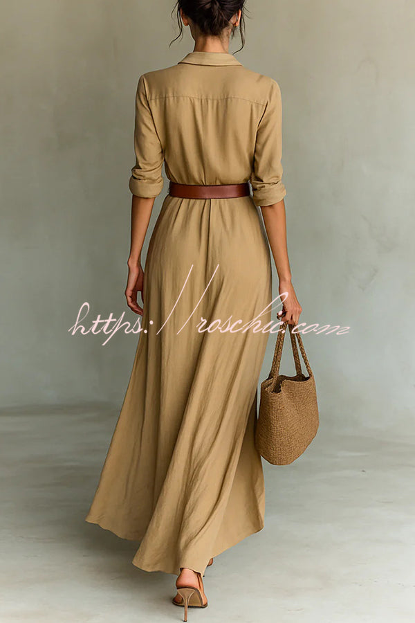 City Sleek Single Breasted Long Sleeve Warp Slit Shirt Maxi Dress