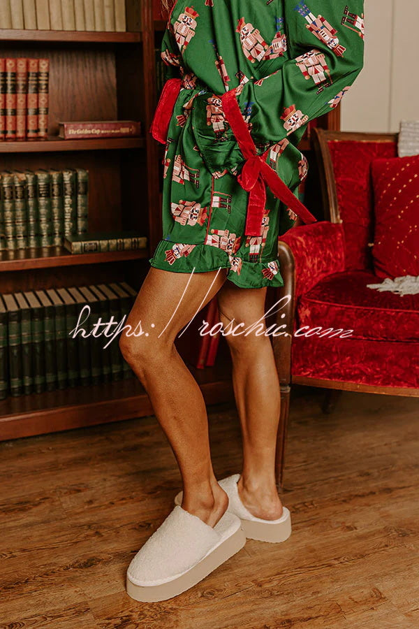 Christmas Dreaming Satin Nutcrackers Print Velvet Trim Elastic Waist Pocketed Pajama Shorts Set