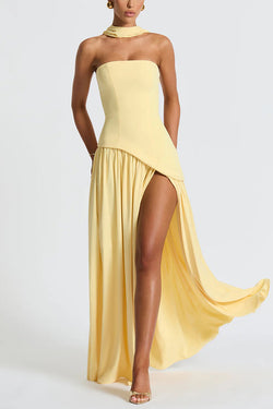 Elegant Tube-top Slim-fitting Stitching High-slit Maxi Dress roschic Elegant Tube-top Slim-fitting Stitching High-slit Maxi Dress roschic