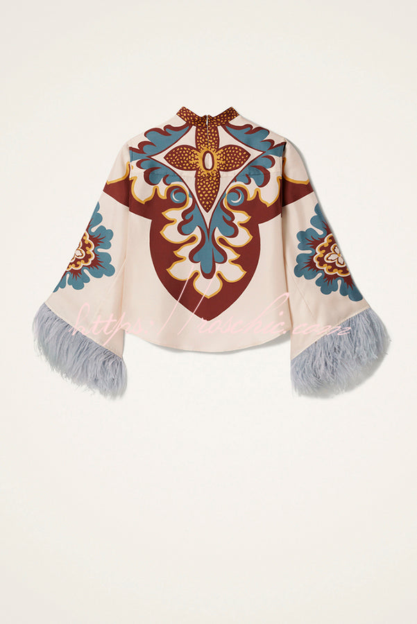 Bohemian Dreams Unique Print High Neck Feather Trim Bell Sleeve Top