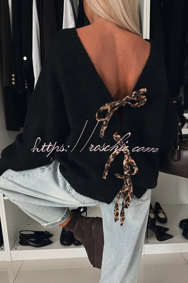 Fashionable Charm Knit Back Leopard Print Bow Tie-up Relaxed Sweater