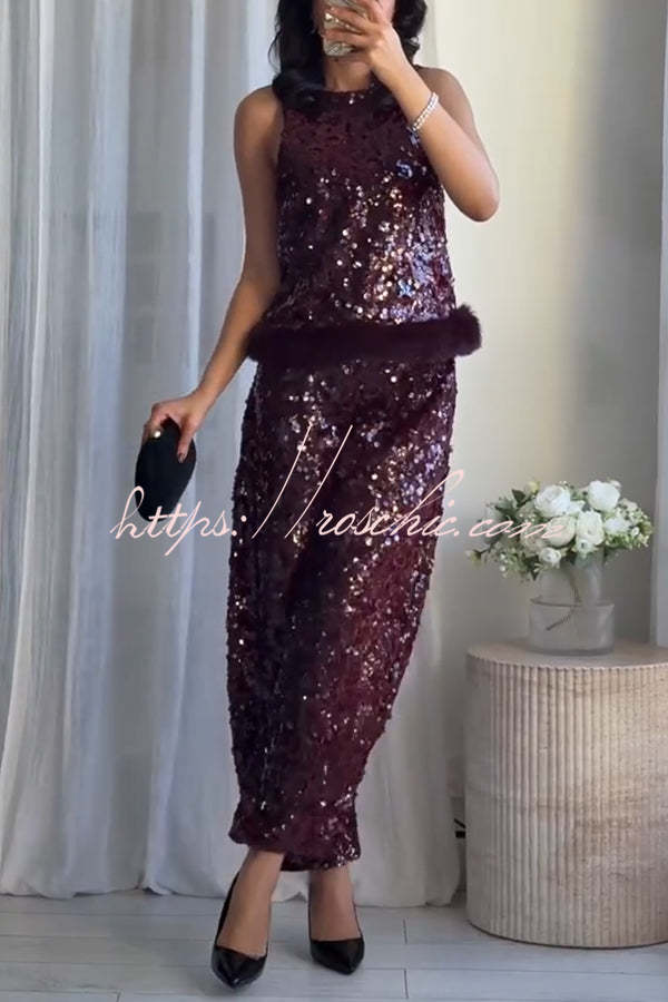 Gala Goddess Sequin High Rise Zipper Waist Wide Leg Pants