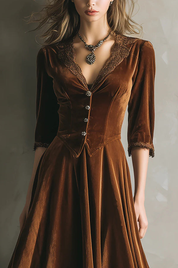 Fashionable Velvet and Lace Patchwork V-neck Button Midi Dress