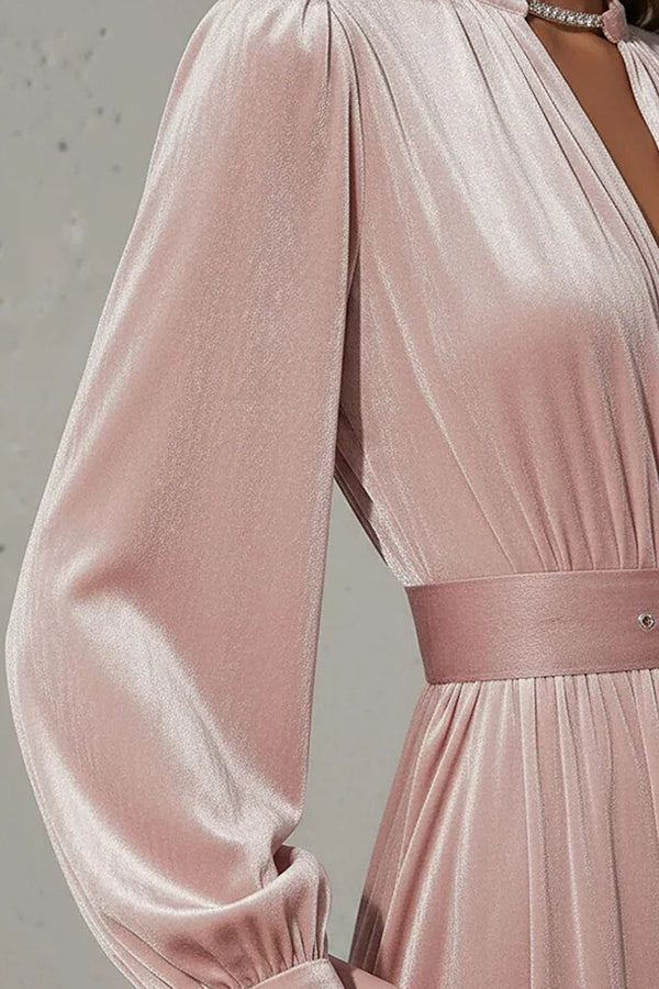 Solid Color Velvet V-neck Long-sleeved Belted Elegant Maxi Dress – roschic