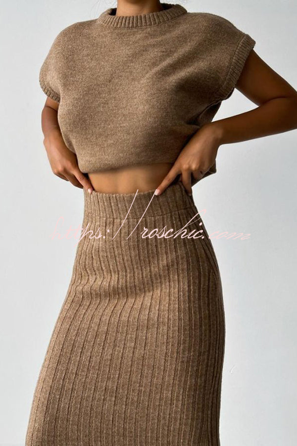 Triko Knit Short Sleeve Sweater and Stretch Ribbed Midi Skirt Set