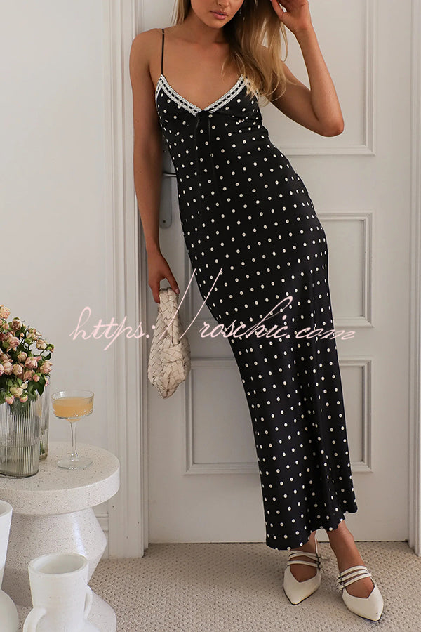 Polka Dot Print Sleeveless Patchwork Lace-up Midi Dress