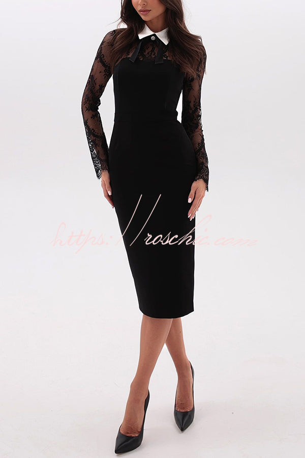 Aliya Lace Detachable Bow Collar Long Sleeve Stretch Midi Dress