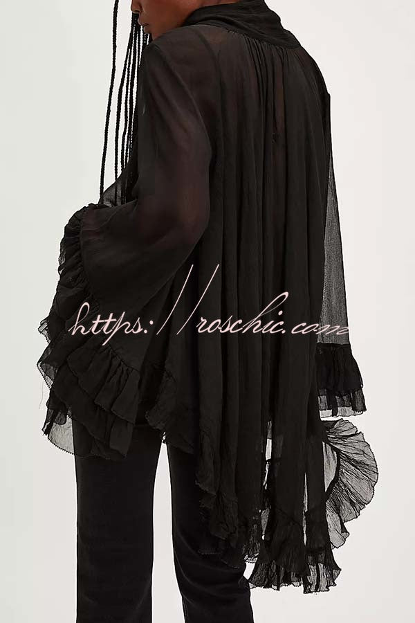 Flowy See-through Ruffle Tie-up Neck Bell Sleeve High-low Hem Cape Shirt