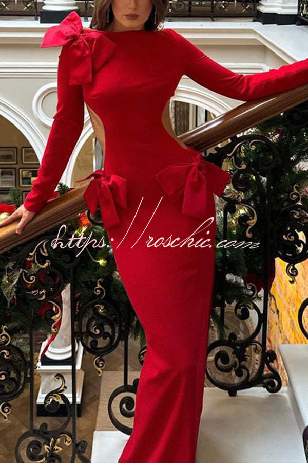 Lovely Bow Cutout Button Back Zipper Long Sleeve Maxi Dress