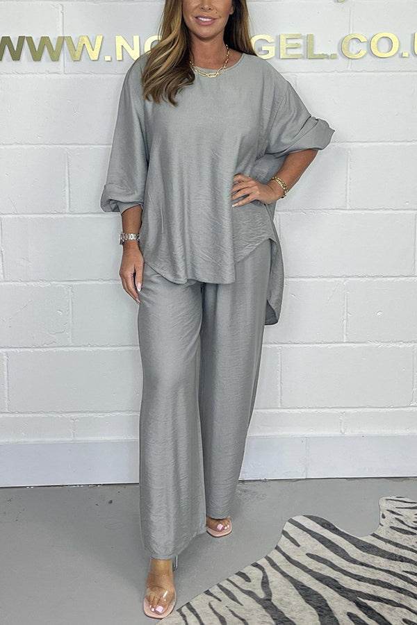 Satin Solid Color Loose Round Neck Top and Elastic Waist Casual Wide-leg Pants Set