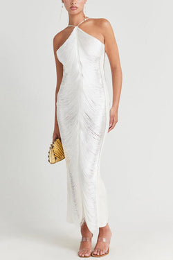 Sexy Allnight Metallic Halterneck Backless Fringed Slit Maxi Dress, White / XL Sexy Allnight Metallic Halterneck Backless Fringed Slit Maxi Dress, White / XL