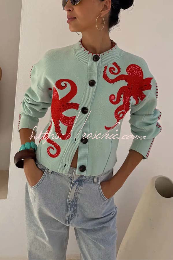 Coastal Fashion Knit Octopus Graphic Contrast Piping Button Up Loose Cardigan