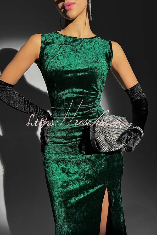 Solid Color Velvet Round Neck Sleeveless Slim Slit Maxi Dress