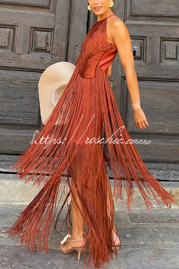 Fashion Sleeveless Halter Neck Elegant Tassel Slim Maxi Dress