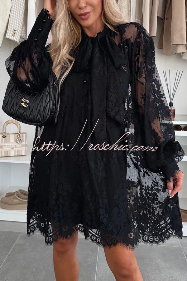 Night Rose Lace Bow Neck Long Balloon Sleeve A-line Mini Dress