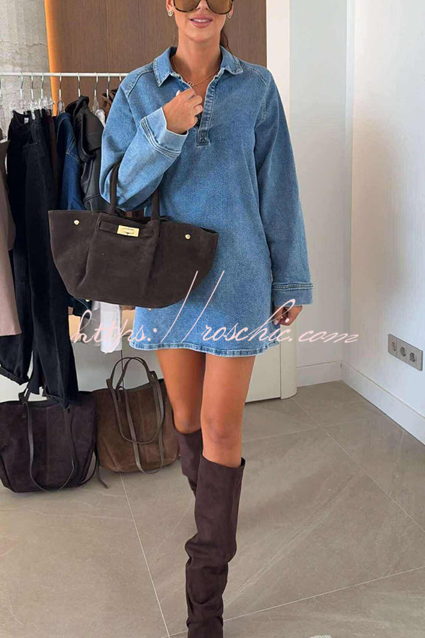 Fashion Lapel Long Sleeve Loose Denim Mini Dress