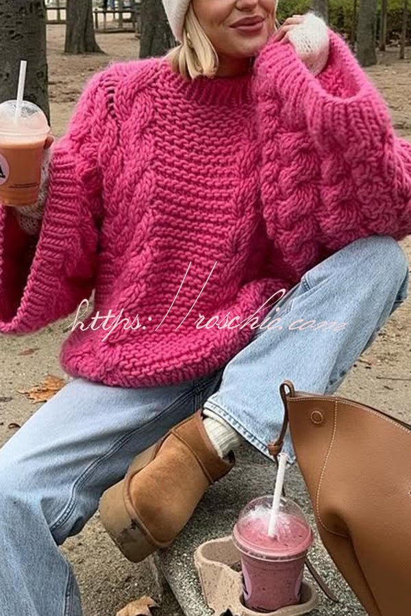 Solid Color Loose Round Neck Long Sleeve Casual Knitted Sweater