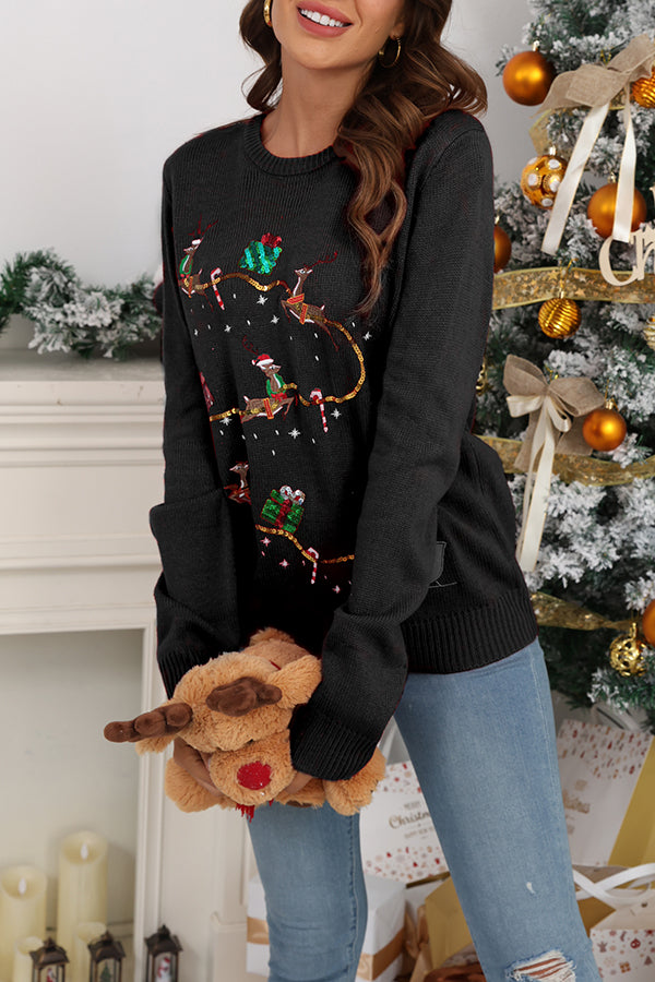 Christmas Print Crew Neck Long Sleeve Sweater