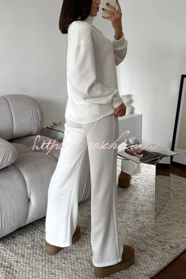 Solid Color Casual Knitted High Neck Long Sleeve Top and Elastic Waist Loose Pants Set