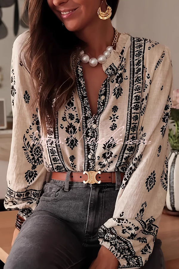 Unique Print Long-Sleeved Button-Up Elegant Shirt