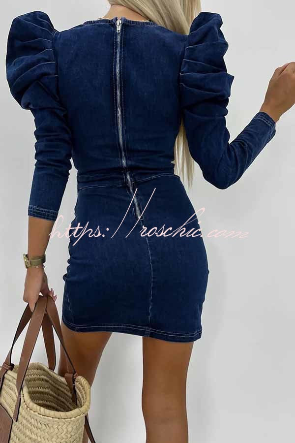 All The Best Denim Puff Sleeve Ruched Stretch Mini Dress