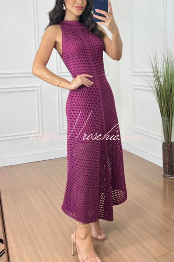 Violet Crochet Knit Round Neck Texture A-line Maxi Dress