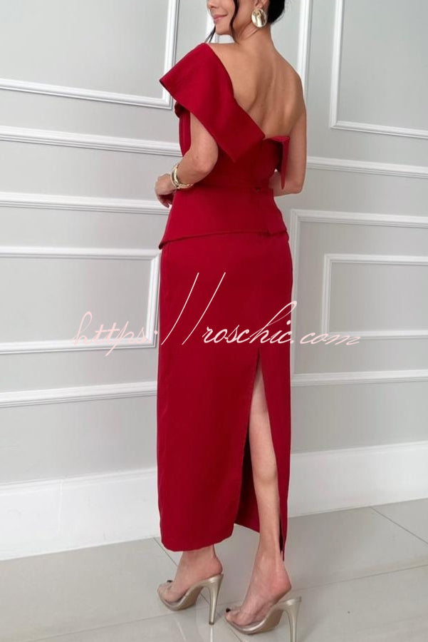 Sweet Party One Shoulder Lapel Neck Sleeveless Bow Belt Pencil Midi Dress