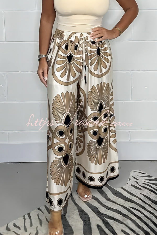 Satin Unique Printed Elastic Waist Tie Casual Vacation Loose Pants