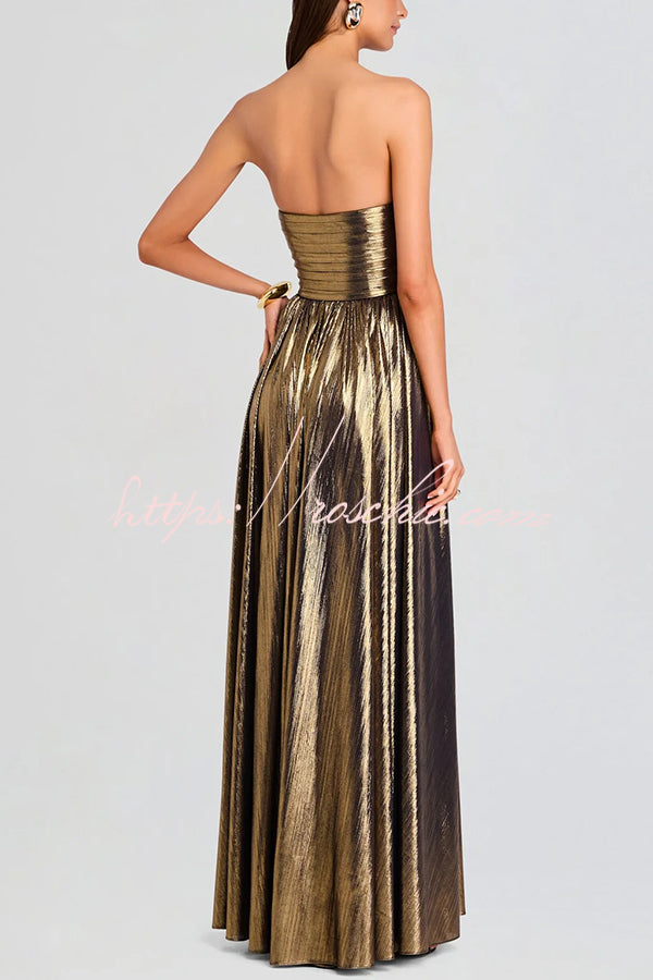 Goddess Temperament Metallic Pleated Fabric Off Shoulder Slit Maxi Dress