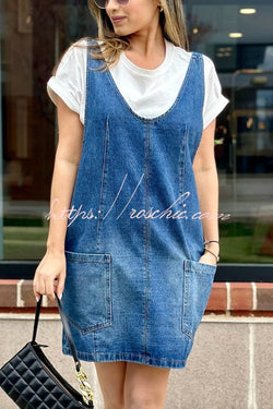 Solid Color Sleeveless V-neck Pocket Adjustable Denim Suspender Mini Dress