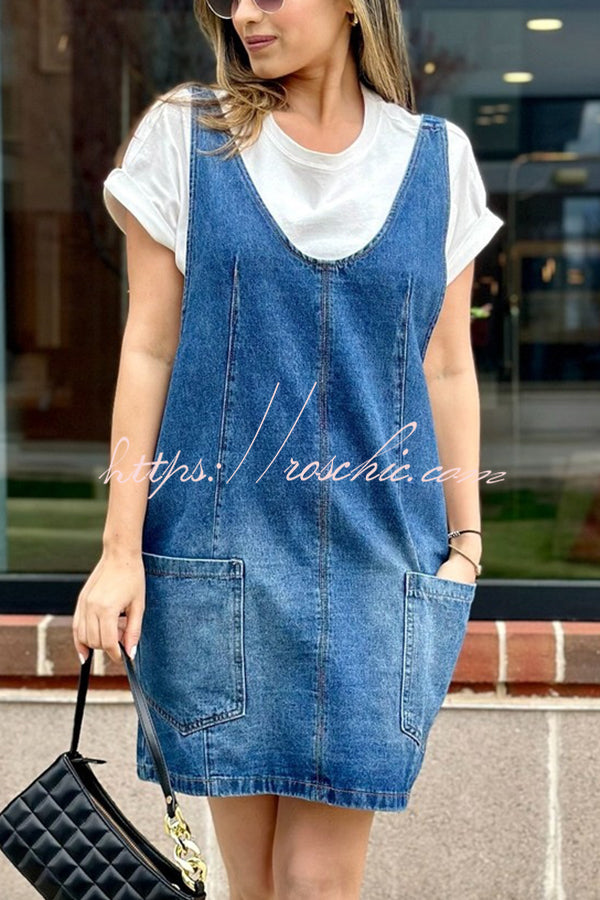 Solid Color Sleeveless V-neck Pocket Adjustable Denim Suspender Mini Dress