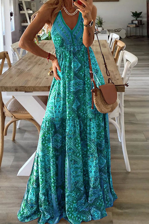 Plus Size Bohemian Holiday Dresses Celeste Boho Printed Strap Elastic Waist  Maxi Dresses  Roschic