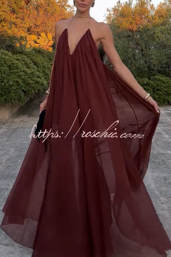 Flowing Lightweight Chiffon Chain Halter Neck Detail Backless A-line Maxi Dress