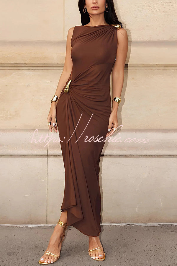 Fashionable Metallic Embellishments Pleated Sleeveless Slim-fit Maxi Dress