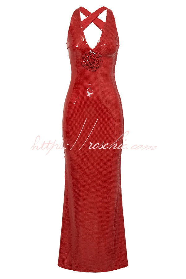 Sicilian Rose Sequin Three-dimensional Floral Sexy Backless Maxi Dress